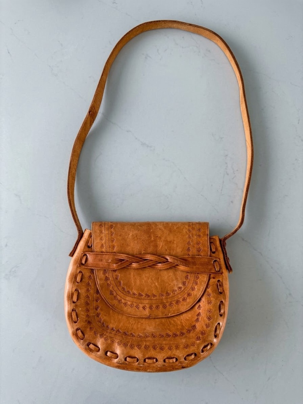 Vintage Handmade Tooled Leather Saddle Shoulder Braided Bag Boho Western Fall
